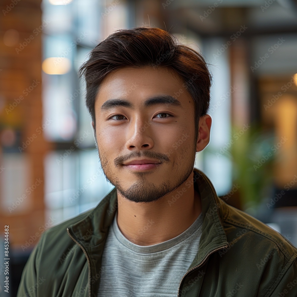 A young man with a friendly expression looks directly at the camera, wearing a green jacket over a grey t-shirt A young man with a friendly expression looks directly at the camera, wearing a green jacket over a grey t-shirt