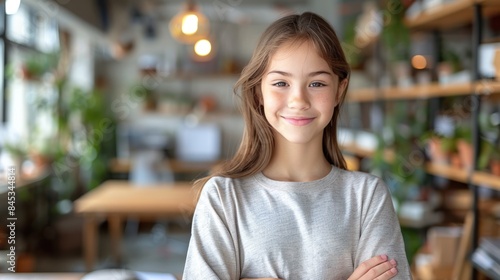 Wallpaper Mural A young girl with long brown hair smiles brightly, her arms crossed, in a light-filled room Torontodigital.ca