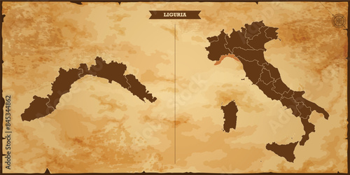 Liguria state map, Italy map with federal states in A vintage map based background, Political Italy Map