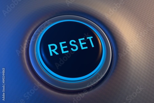 Obraz na płótnie blue glowing reset button on metallic background, 3D rendering