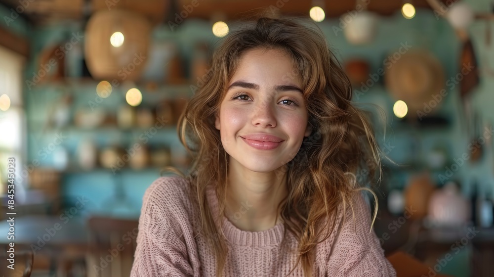 A young woman with curly brown hair smiles warmly in a cafe setting A young woman with curly brown hair smiles warmly in a cafe setting