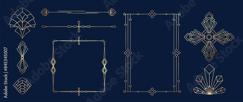 Collection of geometric art deco ornament. Luxury golden decorative elements with different lines, frames, headers, dividers, borders. Set of elegant design suitable for card, invitation, poster.