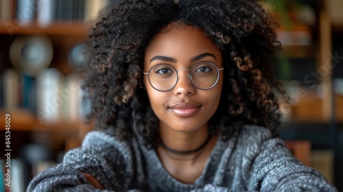 A close-up portrait of a young woman with curly hair and glasses smiling confidently in a library setting © Tetiana