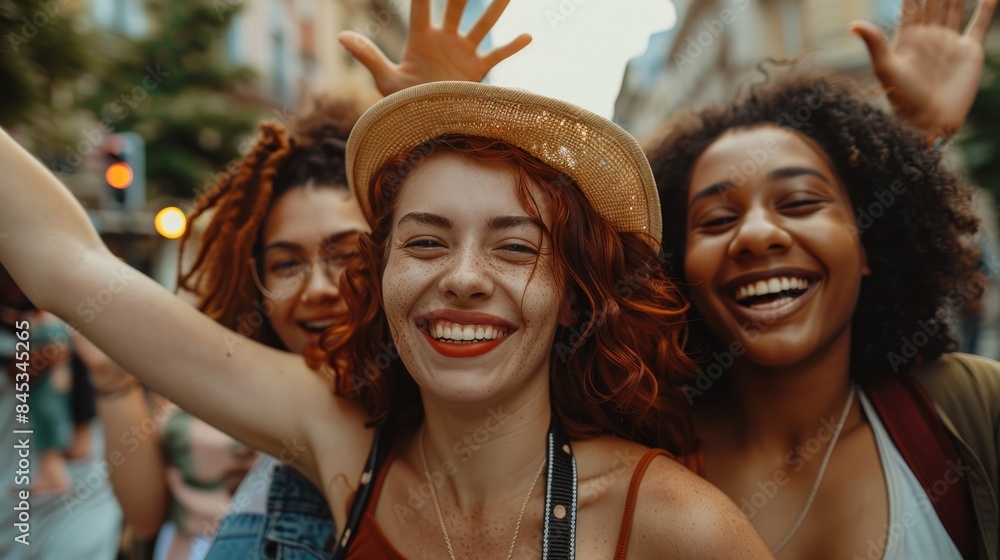 Happy group of friends having fun together on the street. Vacation, summer time Happy group of friends having fun together on the street. Vacation, summer time