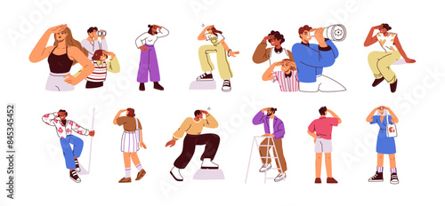 Looking to future with curiosity. Vision, discovery concept. Characters searching horizons, exploring, watching beyond, focusing on distant goals. Flat vector illustration isolated on white background