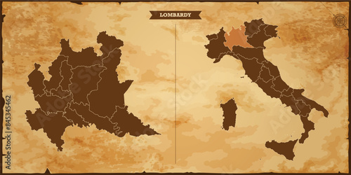 Lombardy state map, Italy map with federal states in A vintage map based background, Political Italy Map