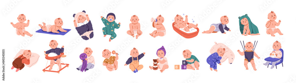 Baby life set. Early childhood development. Cute infant activities. Little child bathing, crawling, playing, sleeping. Happy toddlers, small kids. Flat vector illustration isolated on white background Baby life set. Early childhood development. Cute infant activities. Little child bathing, crawling, playing, sleeping. Happy toddlers, small kids. Flat vector illustration isolated on white background