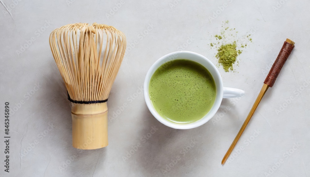A cup of matcha tea and a bamboo whisk. Generated with AI A cup of matcha tea and a bamboo whisk. Generated with AI