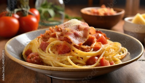 Spaghetti alla Amatriciana with pancetta bacon  tomatoes and pecorino cheese. Generated with AI