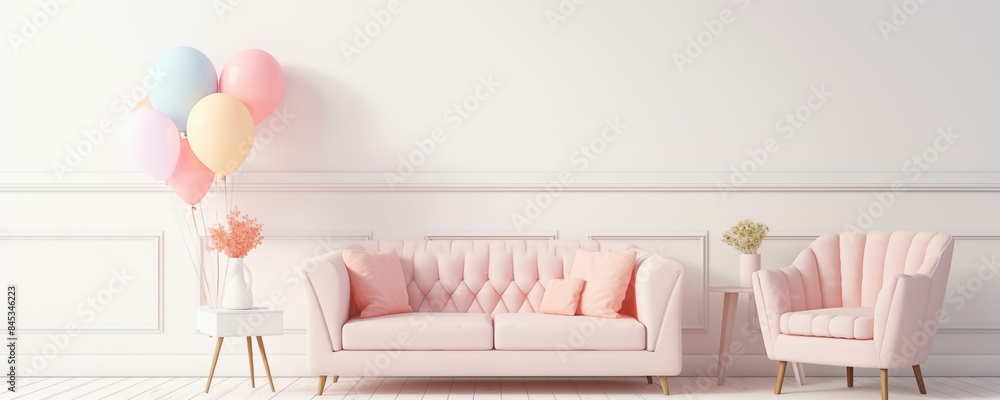 A stylish pink living room with a sofa, chair, and lamp Banner. Generative ai