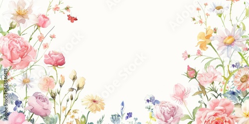 beautiful watercolor illustration featuring a delicate floral border with pink roses and various wildflowers. Perfect for invitations, greeting cards, and spring-themed designs