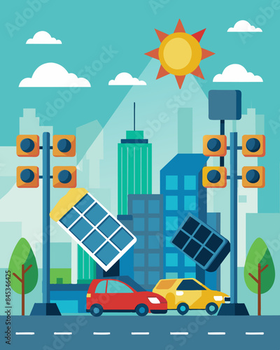 The solarpowered traffic lights in a bustling city center not only regulate traffic but also serve as a reminder of the importance of renewable energy.. Vector illustration