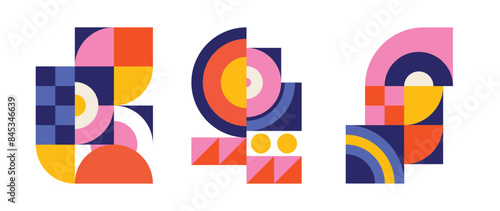 Set of geometric pattern element background vector. Collection of abstract circle, square, polygon shape with colorful tone. Modern and trendy design for decor, cover, print, interior deco.