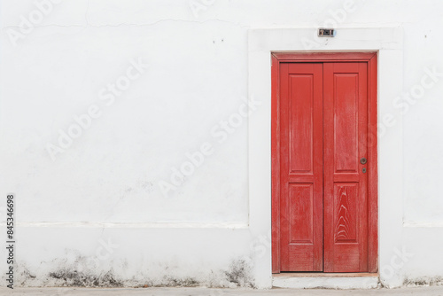 Red wooden door on a white wall background Mediterranean house entrance photo