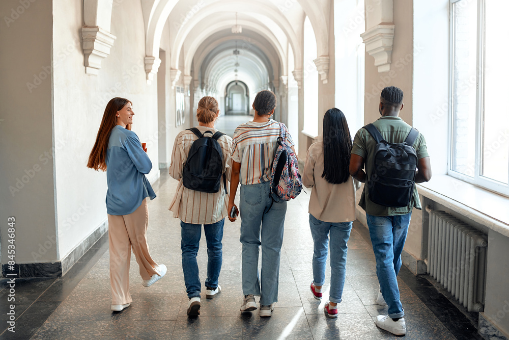 Fototapeta premium Students walking in university hallway, showing friendship, collaboration, academic pursuit