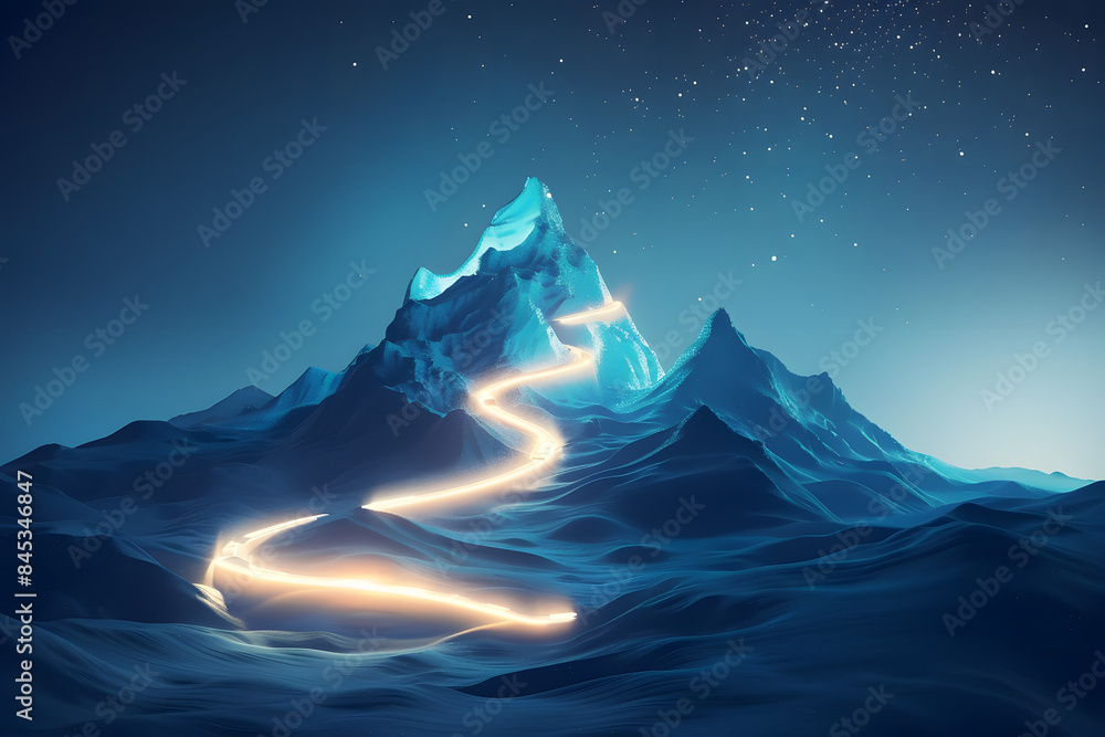 Path to success concept, with glowing light path going up the mountain , Generative AI illustration Path to success concept, with glowing light path going up the mountain , Generative AI illustration