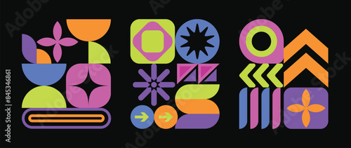 Set of geometric pattern element background vector. Collection of abstract circle, square, polygon shape with colorful tone. Modern and trendy design for decor, cover, print, interior deco.