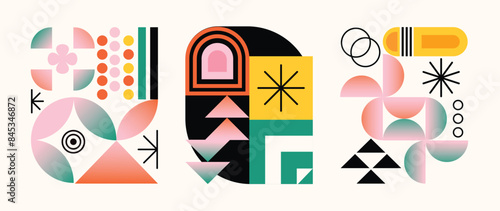 Set of geometric pattern element background vector. Collection of abstract circle, square, polygon shape with colorful tone. Modern and trendy design for decor, cover, print, interior deco.