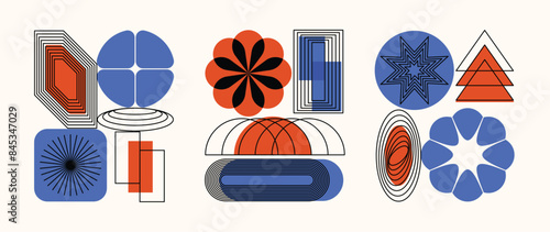 Set of geometric pattern element background vector. Collection of abstract circle, square, polygon shape with colorful tone. Modern and trendy design for decor, cover, print, interior deco.