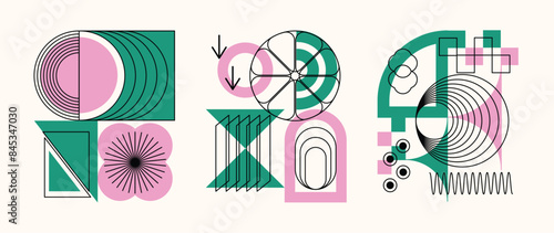 Set of geometric pattern element background vector. Collection of abstract circle, square, polygon shape with colorful tone. Modern and trendy design for decor, cover, print, interior deco.