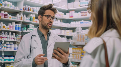 Pharmacist with tablet assisting female customer