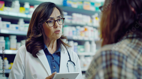 Pharmacist consulting with patient in store