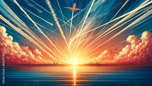 Sunset Over Ocean with Airplane Contrails photo