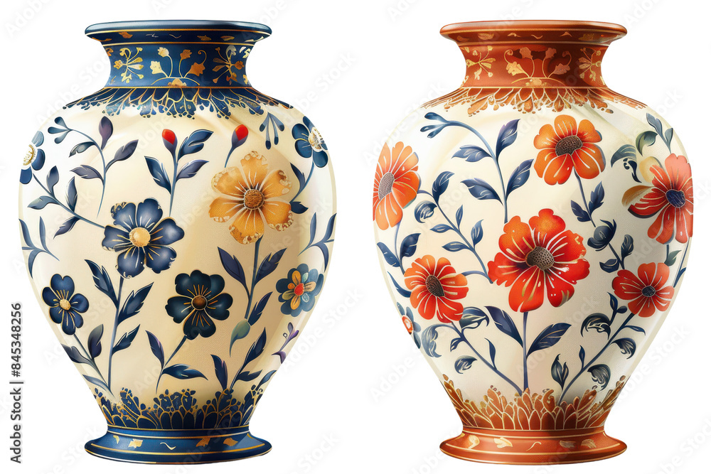 Floral Ceramic Vases, Red and white flower patterns with blue accents, Elegant Home Decor on a transparent background. Floral Ceramic Vases, Red and white flower patterns with blue accents, Elegant Home Decor on a transparent background.