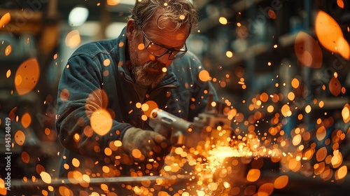 A worker in protective gear grinds metal, creating a shower of sparks, in a dimly lit workshop photo