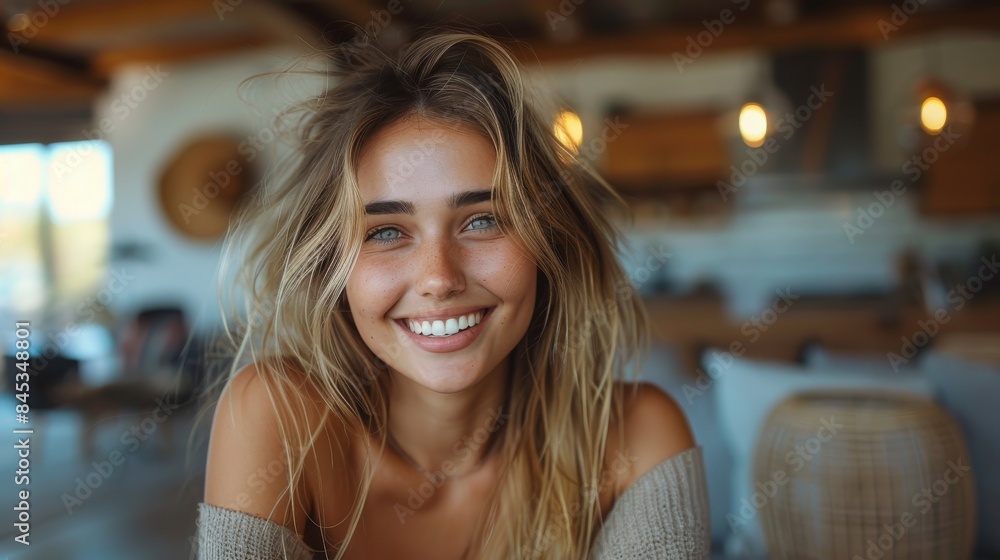 A captivating image of a young woman giving a wide smile amidst a vibrant home setting with golden lights A captivating image of a young woman giving a wide smile amidst a vibrant home setting with golden lights