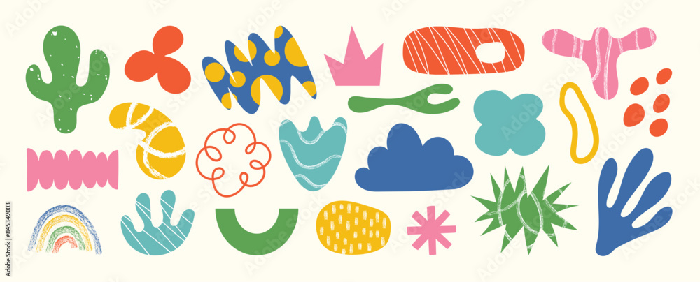 Set of abstract retro organic shapes vector. Collection of contemporary figure, cloud, sparkle, cactus, rainbow in funky groovy style. Cute hippie design element perfect for banner, print, sticker.