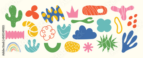 Set of abstract retro organic shapes vector. Collection of contemporary figure, cloud, sparkle, cactus, rainbow in funky groovy style. Cute hippie design element perfect for banner, print, sticker.