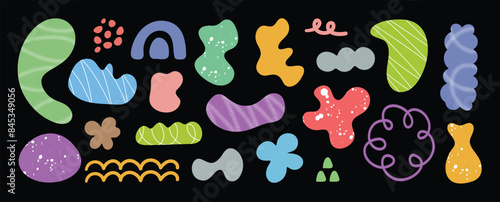Set of abstract retro organic shapes vector. Collection of contemporary figure, cloud, sparkle in funky groovy style. Cute hippie design element perfect for banner, print, sticker, fabric, kids.