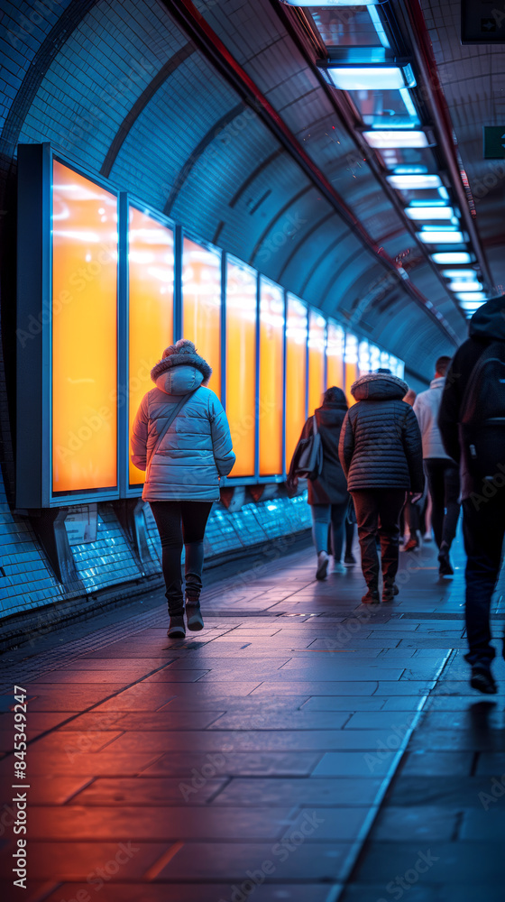Fototapeta premium Commuters walking through a vibrant subway tunnel with orange glowing advertisements, ideal for urban lifestyle and travel.