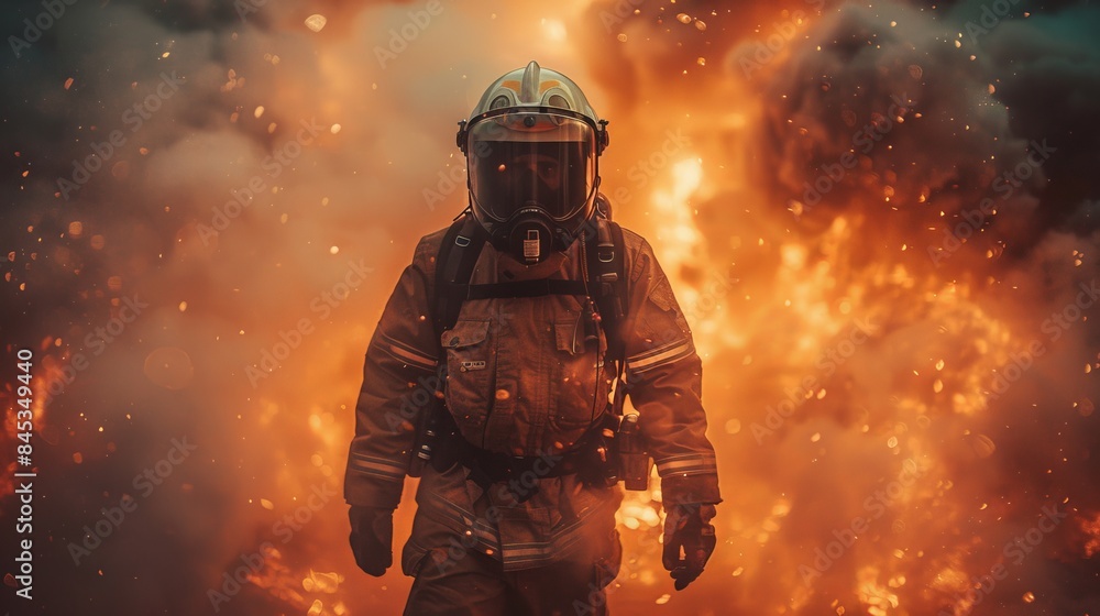 A heroic firefighter, in full gear, stands courageous amidst engulfing flames and thick smoke, representing bravery and risk A heroic firefighter, in full gear, stands courageous amidst engulfing flames and thick smoke, representing bravery and risk