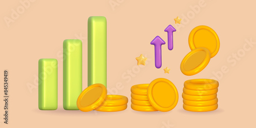 3d coin gold stack with growth bar in success rate. 3d money with arrow on graph up. Pile coin profit. Vector render illustration.