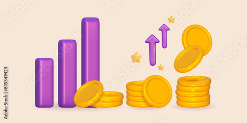 3d coin gold stack with growth bar in success rate. 3d money with arrow on graph up. Pile coin profit. Vector render illustration.