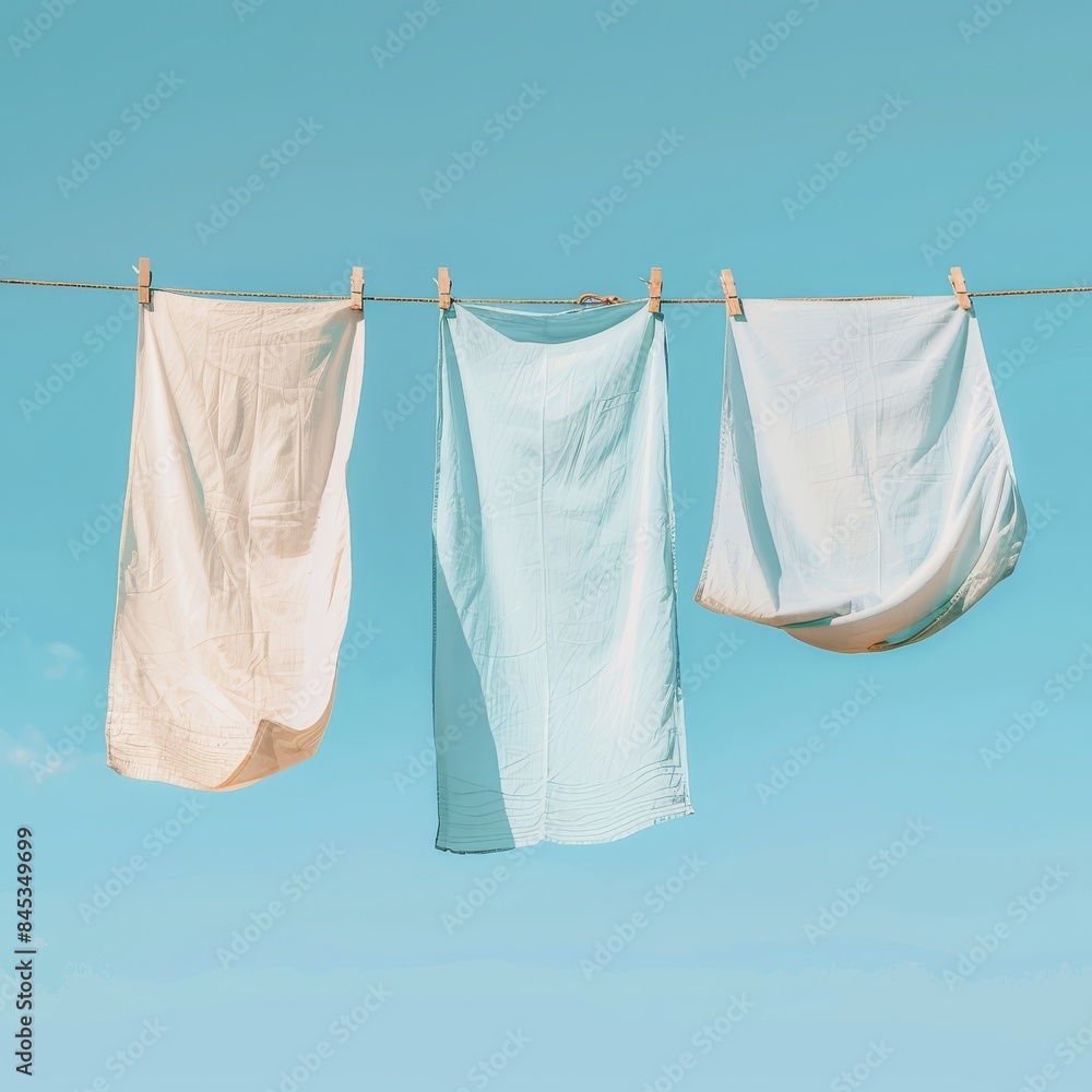 Clean clothes hanging on washing line against sky. Drying laundry Clean clothes hanging on washing line against sky. Drying laundry