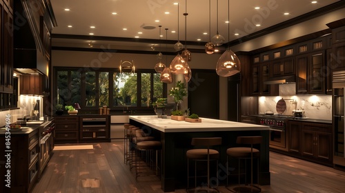  A stylishly decorated lunch room with a large wooden table, contemporary decor, and panoramic views of a vibrant lawn
