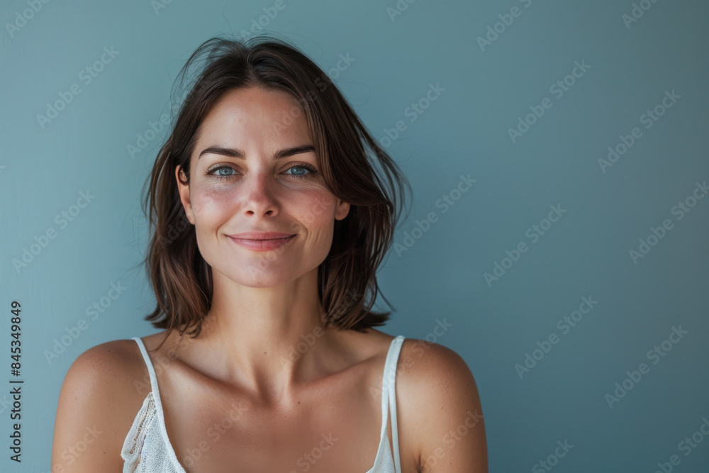 A close up portrait of a woman with a subtle smile A close up portrait of a woman with a subtle smile