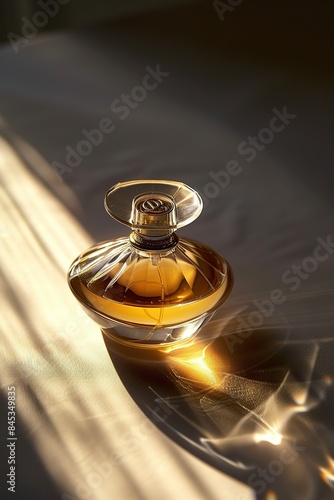 Advertising - product photo of perfume design like glass. square label. a diamond style the liquid color is orange brown.