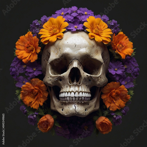 Skull in flowers, art, design, tattoo, background, symbol, ai generative © Lara