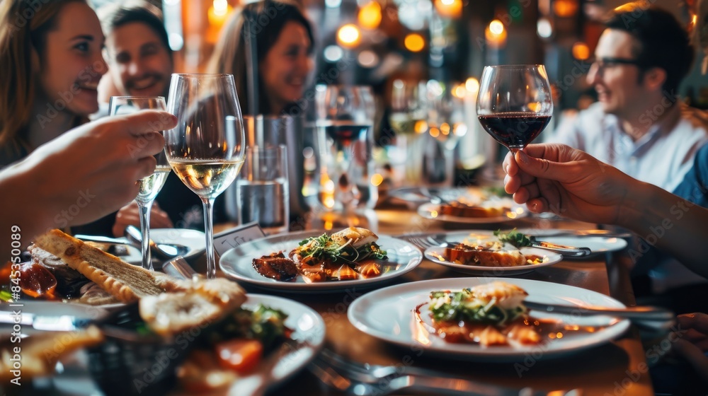 Happy group of friends having fun together at the dining table with wine and food in the restaurant or bar Happy group of friends having fun together at the dining table with wine and food in the restaurant or bar