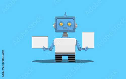 Vector, complex illustration of a robot. A robot on tracks with yellow eyes and an antenna. Detailed illustration on the topic of technology, engineering, AI, ML, code, PC. Tablets in hand.