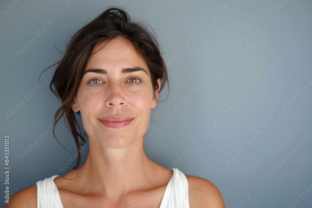 A close up portrait of a woman with a subtle smile A close up portrait of a woman with a subtle smile