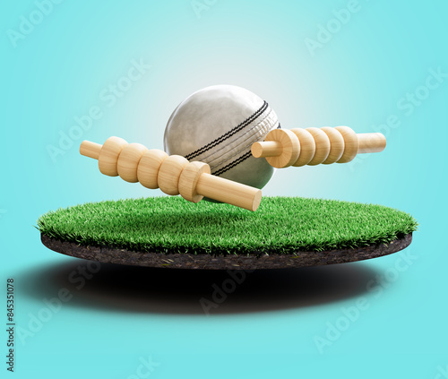 White Leather Stitched ODI Cricket Ball With Two Wicket Bails On Grass Ground Field 3D Illustration photo