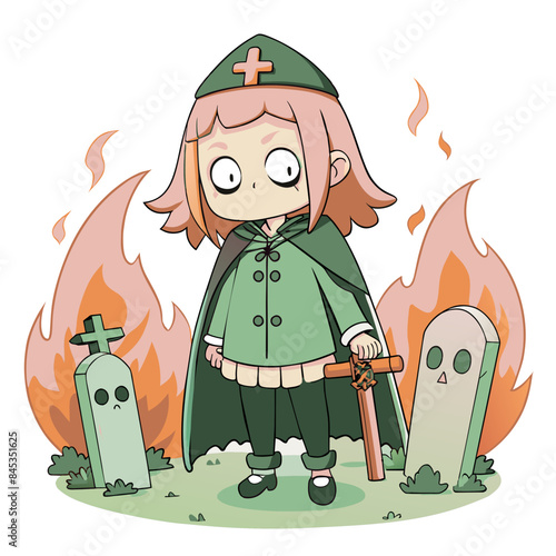 horror anime girl with a twisted smile, dressed in a dark, gothic outfit, standing in front of an abandoned house, holding a skateboard with eerie, spectral patterns