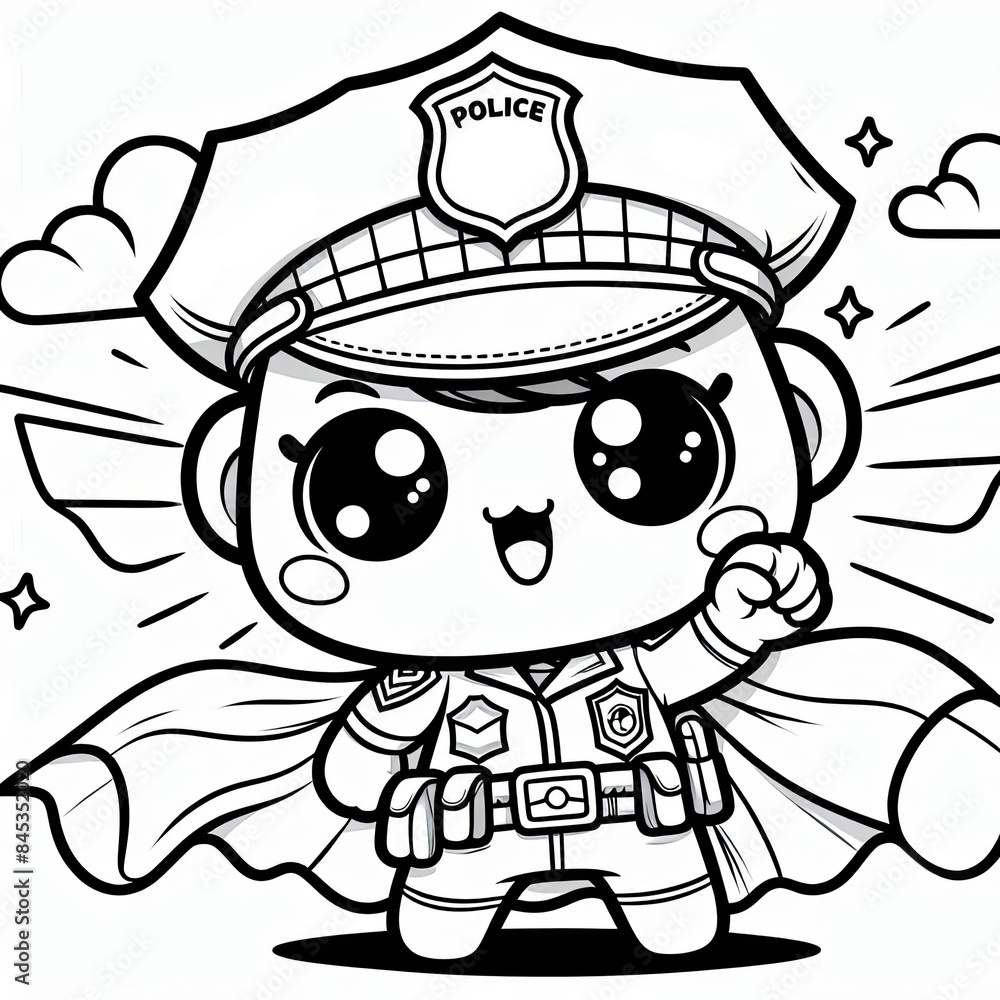 Cute Police Super Hero Cartoon ,coloring page Generative AI