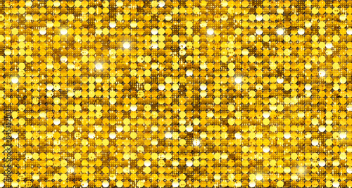 Bright shiny golden sequins. Glitter background. Vector banner