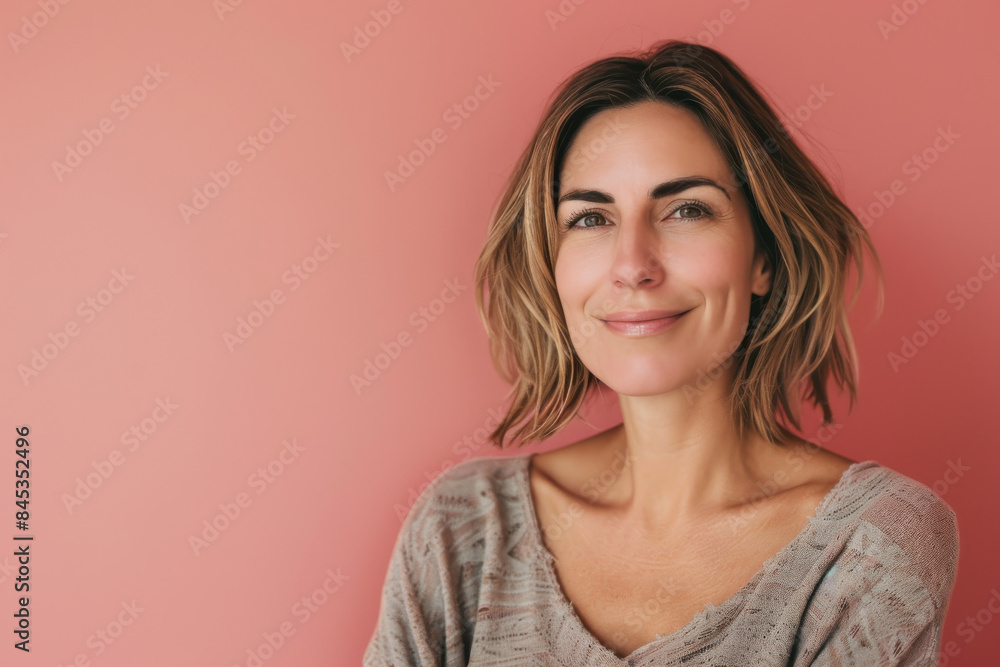 A close up portrait of a woman with a subtle smile A close up portrait of a woman with a subtle smile